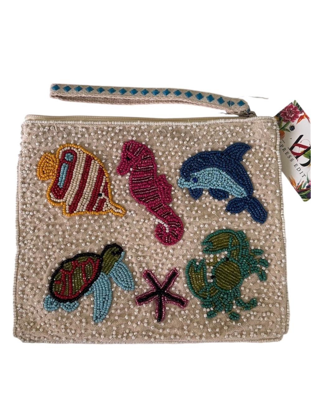 Beaded Sea Life Wristlet Clutch - Beige with Multi-Color Beading